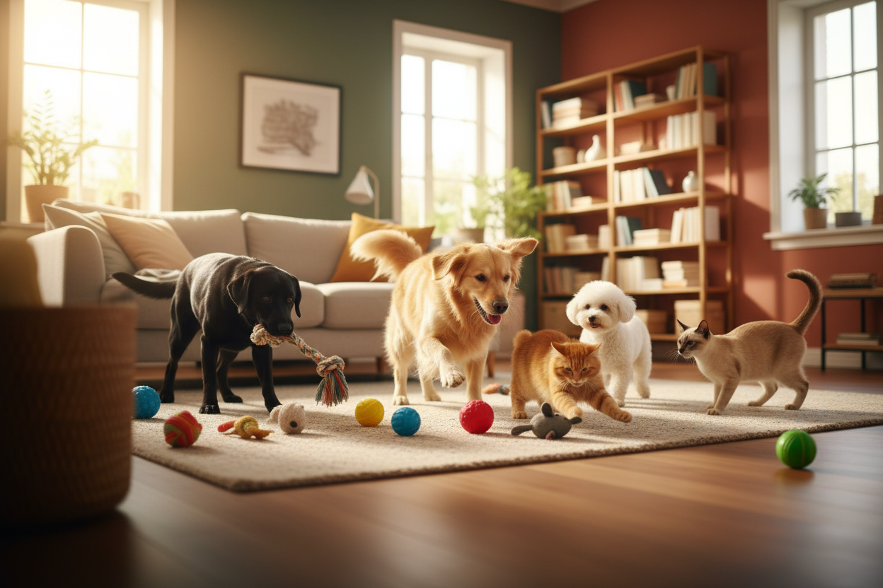 Pets playing with toys banner